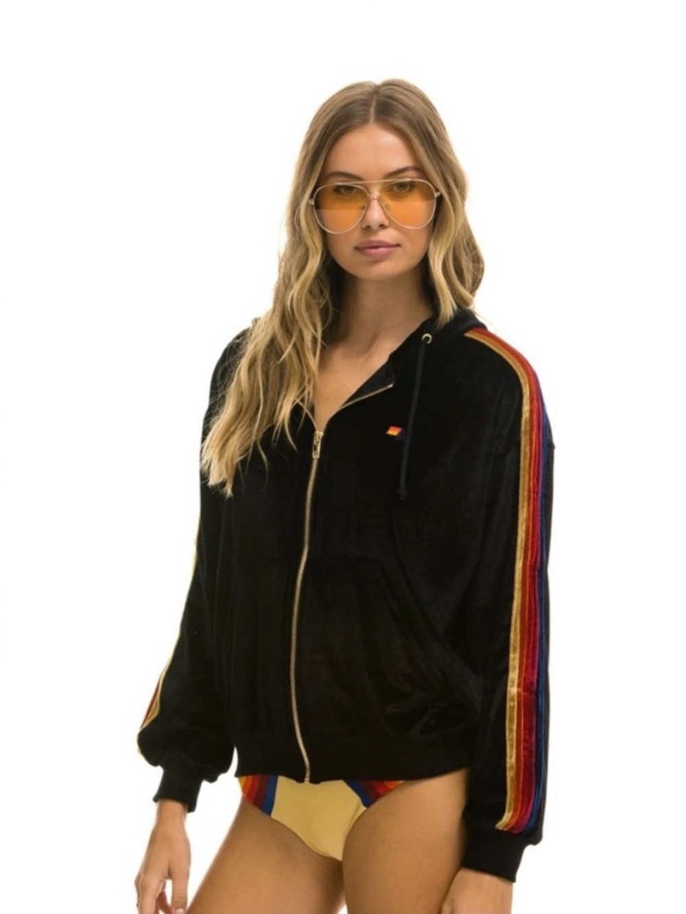 Aviator Nation Black Velour Hoodie with Gold Hardware and Rainbow Accent - Picture 4 of 5